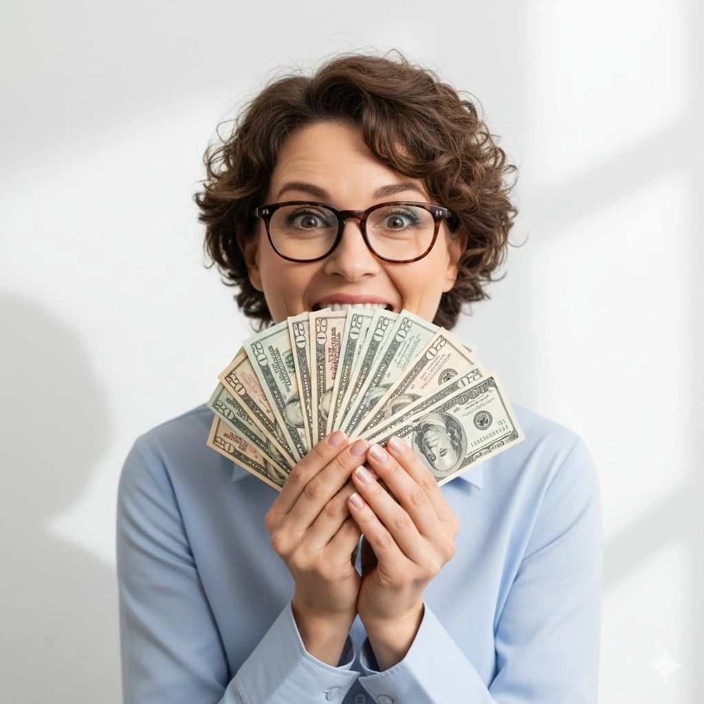 Excited woman holding a fan of US dollar bills.