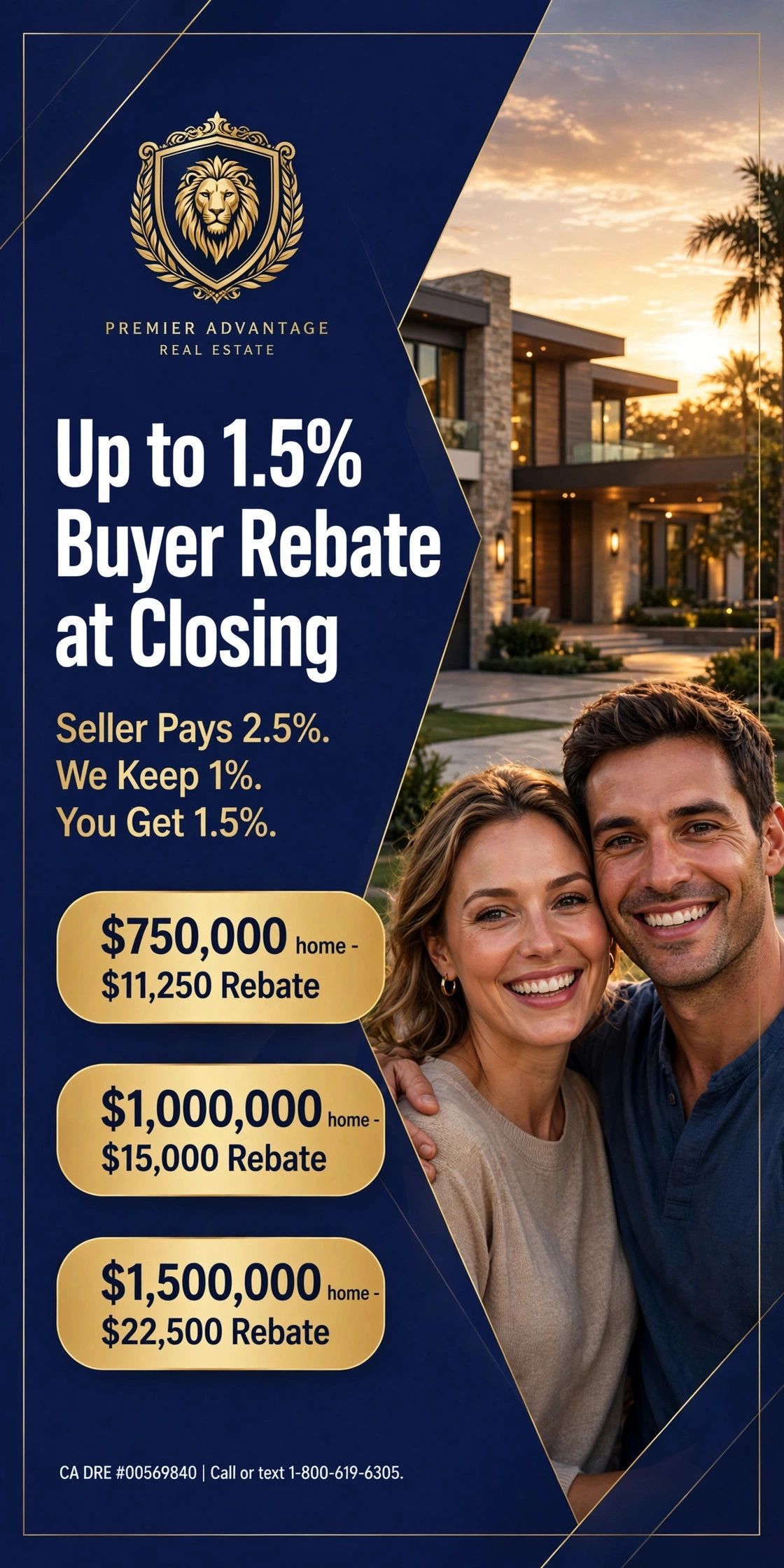 Smiling couple and California home: Up to 1.5% Buyer Rebate at Closing - Premier Advantage