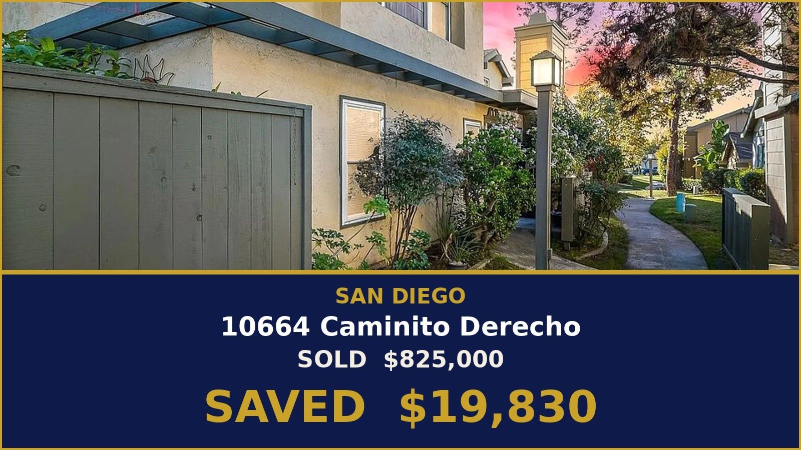 Townhome exterior at 10664 Caminito Derecho, San Diego - sold flat fee, saved $19,830