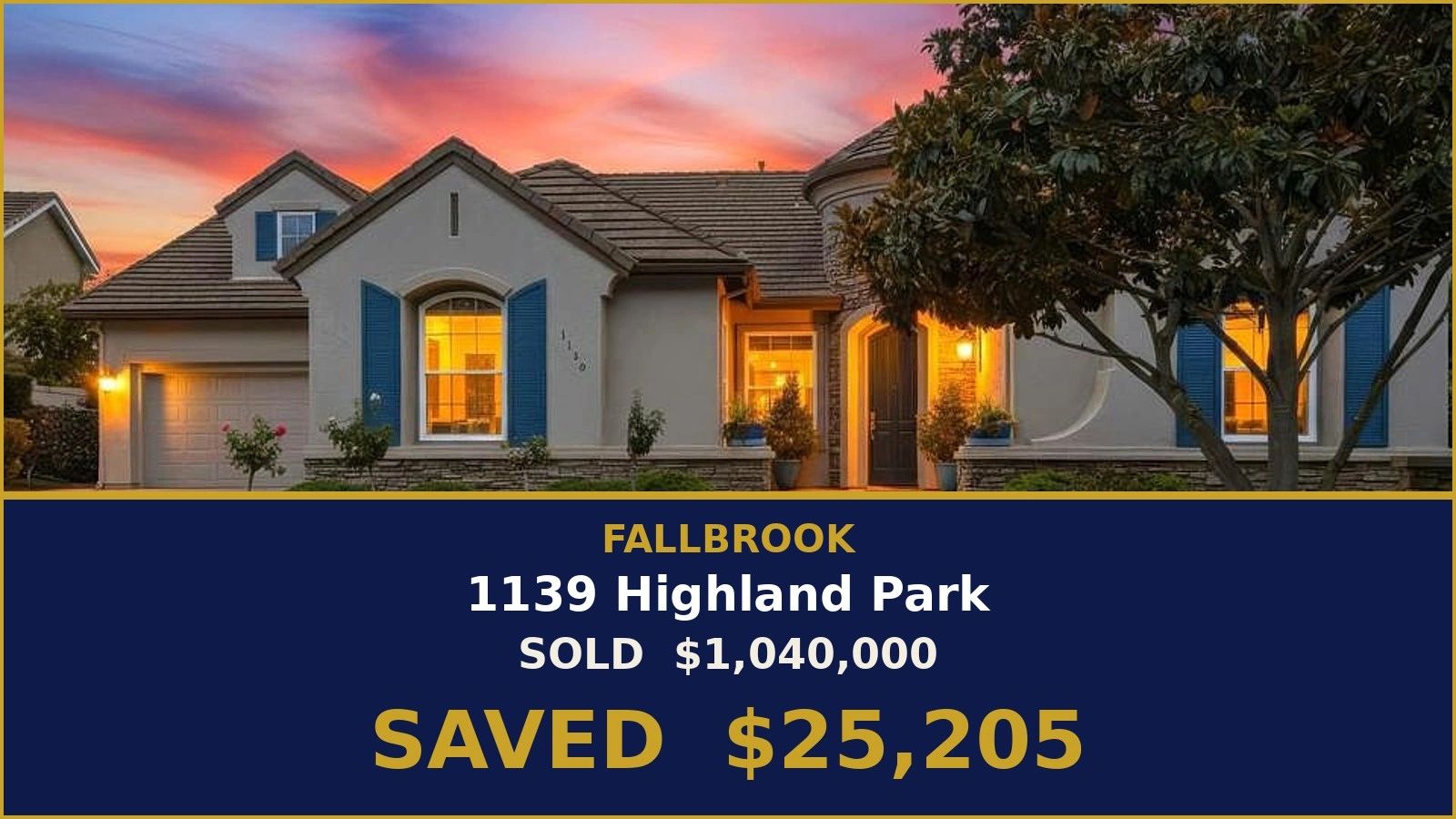 Blue-gray house at sunset at 1139 Highland Park, Fallbrook - sold flat fee, saved $25,205